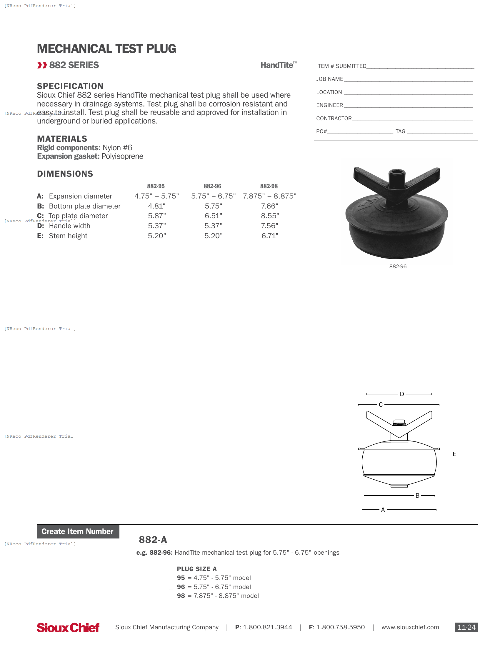882 SERIES - HANDTITE TEST PLUG - SPEC SHEET.PDF Specification Document